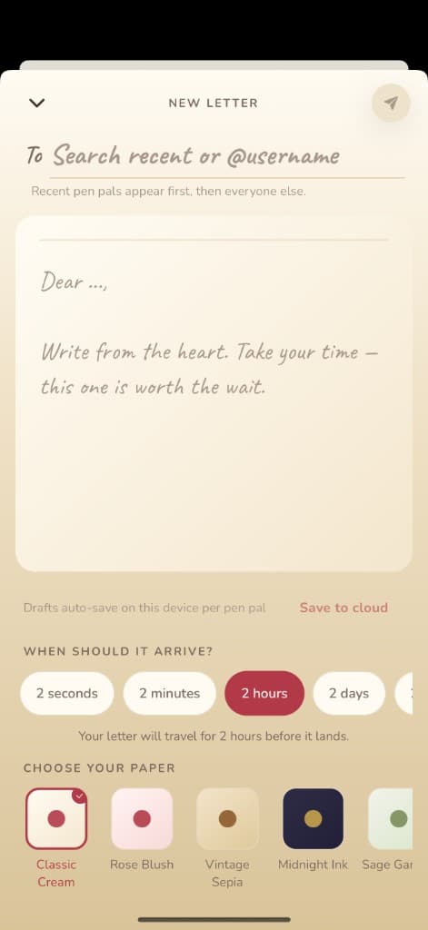 Letters with Love compose screen with paper style picker and delivery timing options