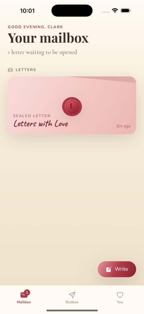 Letters with Love mailbox screen showing a sealed letter with a wax seal